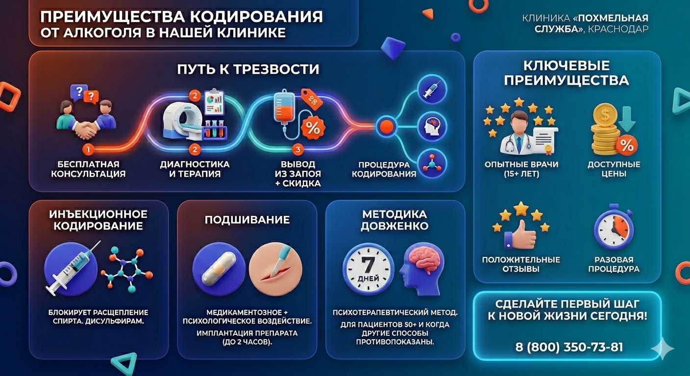 Инфографика о методах кодирования от алкоголя в Явасе: инъекции, подшивание, метод Довженко. Преимущества клиники и этапы лечения.